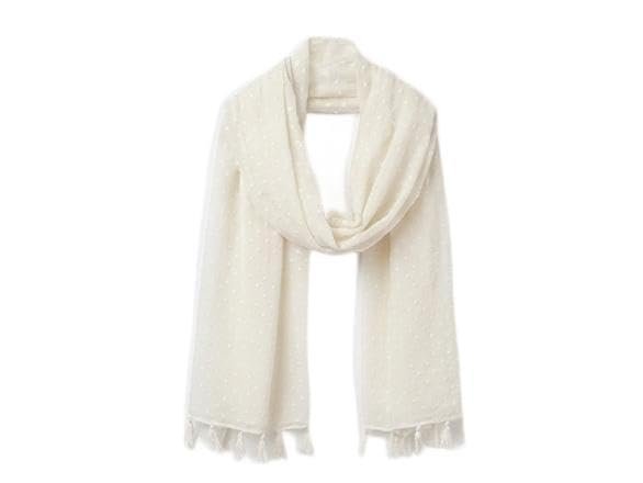 21vi0kfR0nL.jpg Ivory Woven Scarf with Tassel Fringe, Textured Dot Pattern - Image 1
