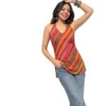 Women's Designer Halter Neck Backless and Sleevless Straight fit Digital Printed Short Kurtis for Jeans