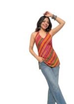 Women's Designer Halter Neck Backless and Sleevless Straight fit Digital Printed Short Kurtis for Jeans