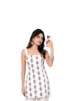 Women's White Floral Block Printed Cotton Short Kurti