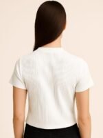 Women's White Ribbed Crop T-Shirt, - Image 4