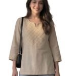 Cotton Solid Straight Short Kurti for Women | Boat Neck Kurta for Girls | 3/4 Sleeves Kurti | Embroidered Yoke Casual Ethnic Tunic Top