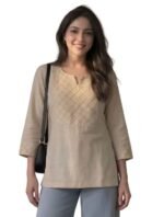 Cotton Solid Straight Short Kurti for Women | Boat Neck Kurta for Girls | 3/4 Sleeves Kurti | Embroidered Yoke Casual Ethnic Tunic Top