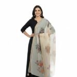 Elegant Floral Chanderi Dupatta for Women, Cream Color with Tassel Border, Traditional Indian Wear
