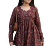 Printed Rayon Fancy Neck Cotton Top Short Kurti for Womens Kalamkari Printed Short top Peplum Top Short Flared Tunics for Womens Color Short Kurtis for Jeans