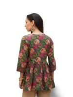 Short Kurti for Women, Floral Print, Green and Pink, 3/4 Sleeves, Casual Ethnic Top - Image 3