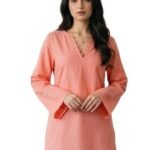 Cotton Solid Straight Short Kurti for Women | V Neck Kurta | Loop Detail Short Kurta | Full Bell Sleeves Kurti | Casual Ethnic Tunic Top | Peach