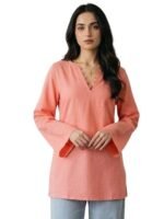 Cotton Solid Straight Short Kurti for Women | V Neck Kurta | Loop Detail Short Kurta | Full Bell Sleeves Kurti | Casual Ethnic Tunic Top | Peach