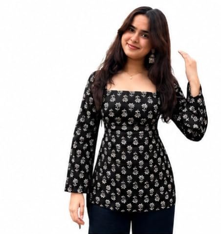 41uKNpbDBkL.jpg Rayon Fabric Printed Square Neck Short Kurtis for Women Top Dresses Kurti for Ladies & Girls Kurtis - Image 1