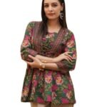 Short Kurti for Women, Floral Print, Green and Pink, 3/4 Sleeves, Casual Ethnic Top