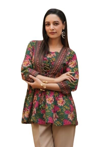 41ySFOgYOL.jpg Short Kurti for Women, Floral Print, Green and Pink, 3/4 Sleeves, Casual Ethnic Top - Image 1