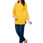 Women's Cotton Printed Straight Kurti - 3/4 Sleeve Yellow Tunic Top for Daily & Office wear
