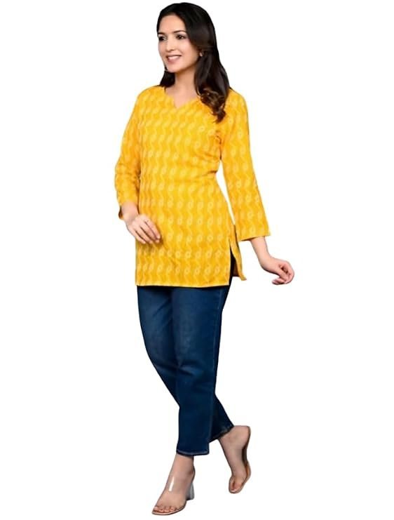 41zFiTv2LzL._SY741_.jpg Women's Cotton Printed Straight Kurti - 3/4 Sleeve Yellow Tunic Top for Daily & Office wear - Image 1