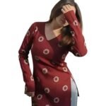 Women's Floral Print V-Neck Long Sleeve Casual Short Kurti Top