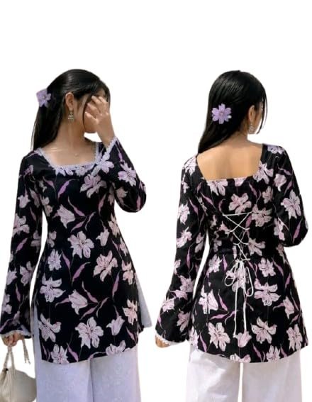 511NmZk3USL.jpg Women's Maroon Floral Print Short Kurti with Square Neck - Image 1