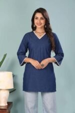 Women Solid Straight Short Kurti-Navy Blue - Image 2