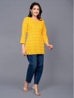 Women's Cotton Printed Straight Kurti - 3/4 Sleeve Yellow Tunic Top for Daily & Office wear - Image 2