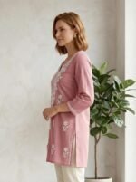 Women's Floral Embroidered Tunic Top Short Kurti, 3/4 Sleeve, Split V-Neck, Kurti Style, Rayon Fabric - Image 3