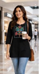 Women Cotton Embroidered Short Kurti, 3/4 Sleeve, Round Neck, Casual Ethnic Top, Office & College Wear - Image 3