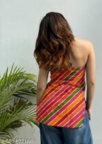 Women's Designer Halter Neck Backless and Sleevless Straight fit Digital Printed Short Kurtis for Jeans - Image 3