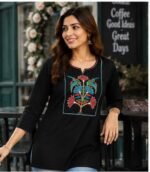 Women Cotton Embroidered Short Kurti, 3/4 Sleeve, Round Neck, Casual Ethnic Top, Office & College Wear - Image 4