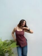 Cotton Maroon Printed Shoulder Strap Camisole Short Kurti for Women | Sleeveless Square Neck Tunic Top | Casual Summer Wear Cotton Kurta for Women - Image 3