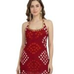 Women Rayon Bandhani Print Halter Neck Kurti Top with Stylish Back Tie-Up