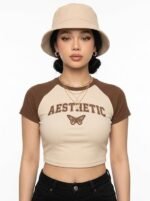 Womens Black Graphic Ruched Crop Top - Image 4