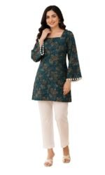 Women’s Cotton Short Kurti | Printed Casual Kurta for Women | Stylish Square Neck 3/4 Sleeve Top with Pom Pom Lace | Comfortable Wear for Office, Daily & Casual Outings