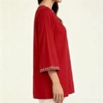Women's Red V-Neck Tunic Top with Embroidered Detail, Long Bell Sleeves, Casual Wear I Short Kurti I Embroidery Short Kurta - Image 3