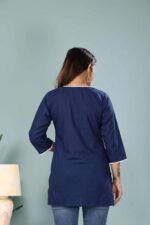Women Solid Straight Short Kurti-Navy Blue - Image 3