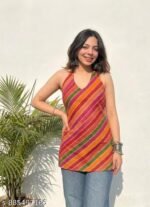 Women's Designer Halter Neck Backless and Sleevless Straight fit Digital Printed Short Kurtis for Jeans - Image 4