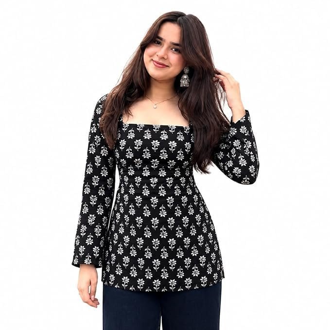 51SDEe9QgLL.jpg Women's Rayon Printed Short Kurti | Square Neck Top | Full Sleeve Fitted Tunic Top with Back Tie-Up - Image 1