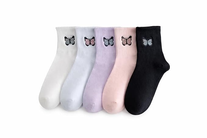 51cztdUe0OL._SX679_.jpg Women's Cotton Ankle Socks with Butterfly Design, Soft Breathable Multicolor Pack of 5 for Gym, Casual and Everyday Wear - Image 1