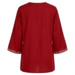 Women's Red V-Neck Tunic Top with Embroidered Detail, Long Bell Sleeves, Casual Wear I Short Kurti I Embroidery Short Kurta - Image 2