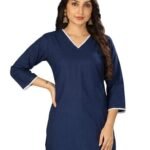 Women Solid Straight Short Kurti-Navy Blue