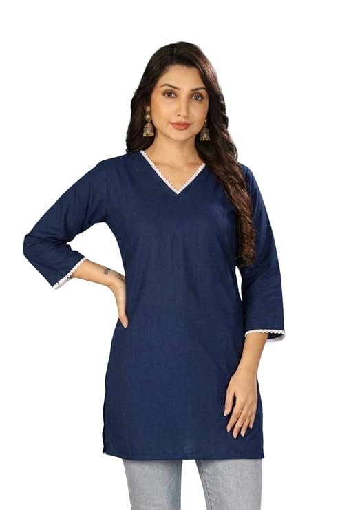 51iRnQZtdNL._SY741_.jpg Women Solid Straight Short Kurti-Navy Blue - Image 1