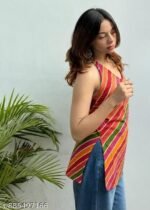 Women's Designer Halter Neck Backless and Sleevless Straight fit Digital Printed Short Kurtis for Jeans - Image 2