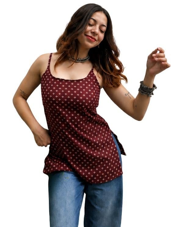 51s4DnsvBNL.jpg Cotton Maroon Printed Shoulder Strap Camisole Short Kurti for Women | Sleeveless Square Neck Tunic Top | Casual Summer Wear Cotton Kurta for Women - Image 1