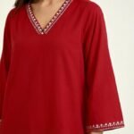 Women's Red V-Neck Tunic Top with Embroidered Detail, Long Bell Sleeves, Casual Wear I Short Kurti I Embroidery Short Kurta - Image 4