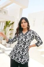 Cotton Printed Short Kurti for Women | Tunic Tops for Women | Office Kurti | Floral Kurti | V-Neck Short Kurti | Stylish & Comfortable - Image 3