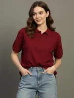Women Polo Neck Cotton Blend Maroon T-Shirt