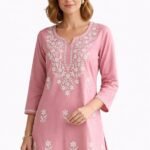 Women's Floral Embroidered Tunic Top Short Kurti, 3/4 Sleeve, Split V-Neck, Kurti Style, Rayon Fabric