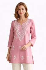 Women's Floral Embroidered Tunic Top Short Kurti, 3/4 Sleeve, Split V-Neck, Kurti Style, Rayon Fabric