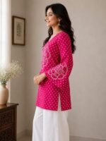 Women's Bandhani Print Pure Cotton Short Kurti Top | V-Neck Flared Tunic | Full Bell Sleeve Casual Ethnic Kurta for Women | Regular Fit - Image 3