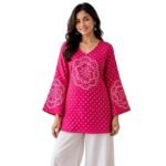 Women's Bandhani Print Pure Cotton Short Kurti Top | V-Neck Flared Tunic | Full Bell Sleeve Casual Ethnic Kurta for Women | Regular Fit