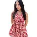 Women's Rayon Red Floral Block Print Short Kurti | Sleeveless V-Neck Peplum Top, Casual Tunic