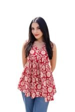 Women's Rayon Red Floral Block Print Short Kurti | Sleeveless V-Neck Peplum Top, Casual Tunic
