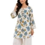 Women’s Cotton Floral Printed Short Kurti | Floral Print Kurta for Women | 3/4 Sleeve Casual Ethnic Top with Lace Detail & Round Neck | Stylish Daily & Office Wear Kurti