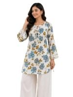 Women’s Cotton Floral Printed Short Kurti | Floral Print Kurta for Women | 3/4 Sleeve Casual Ethnic Top with Lace Detail & Round Neck | Stylish Daily & Office Wear Kurti